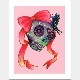 Sugar skull with pink bow Posters and Art